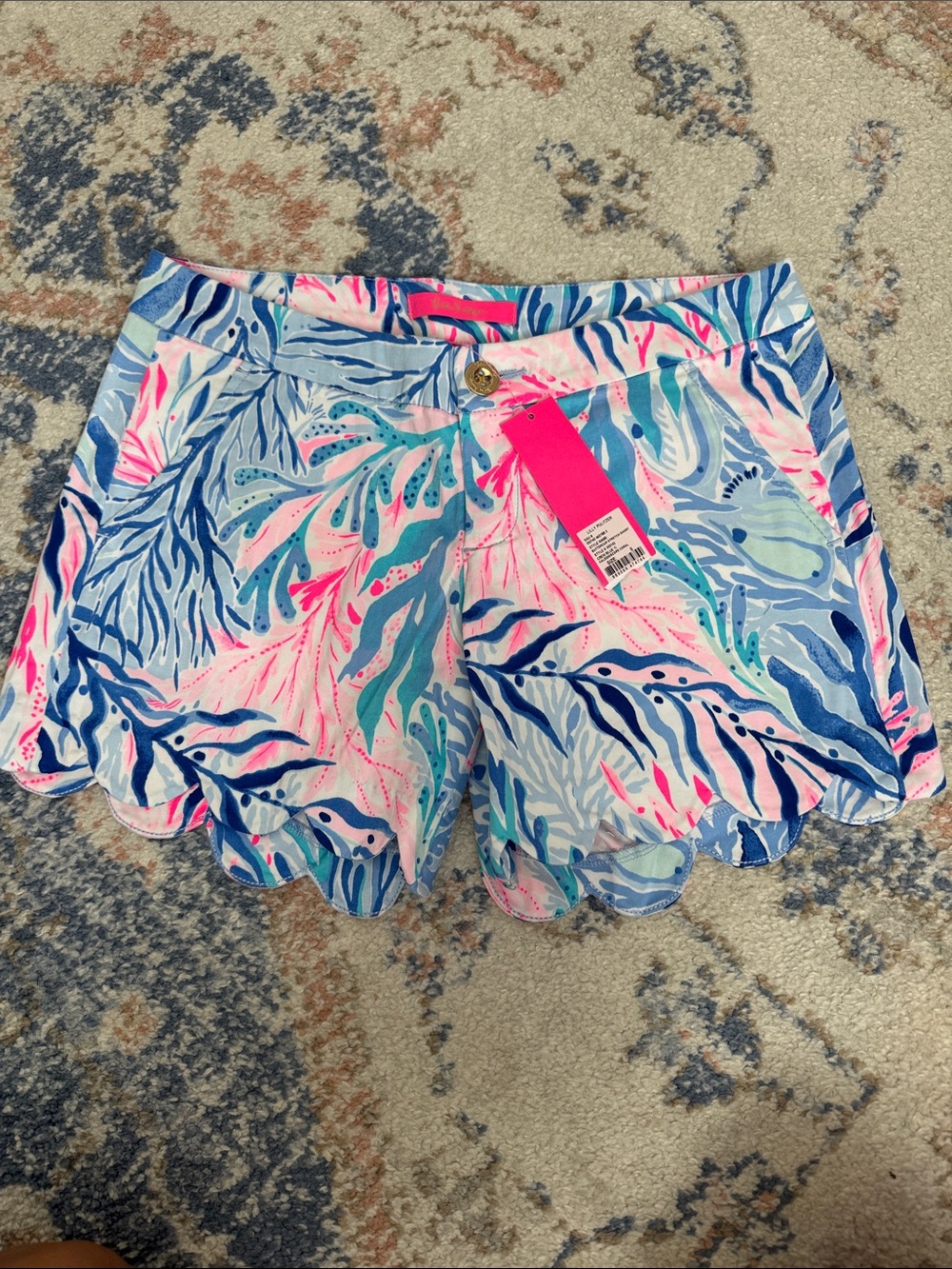 Lilly Pulitzer Coral Reef Scallop-Hem Shorts in Blue & Pink